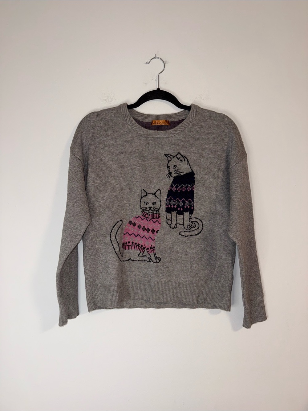 Belldini Gray Crewneck Sweater with Pink & Black Cat Motif